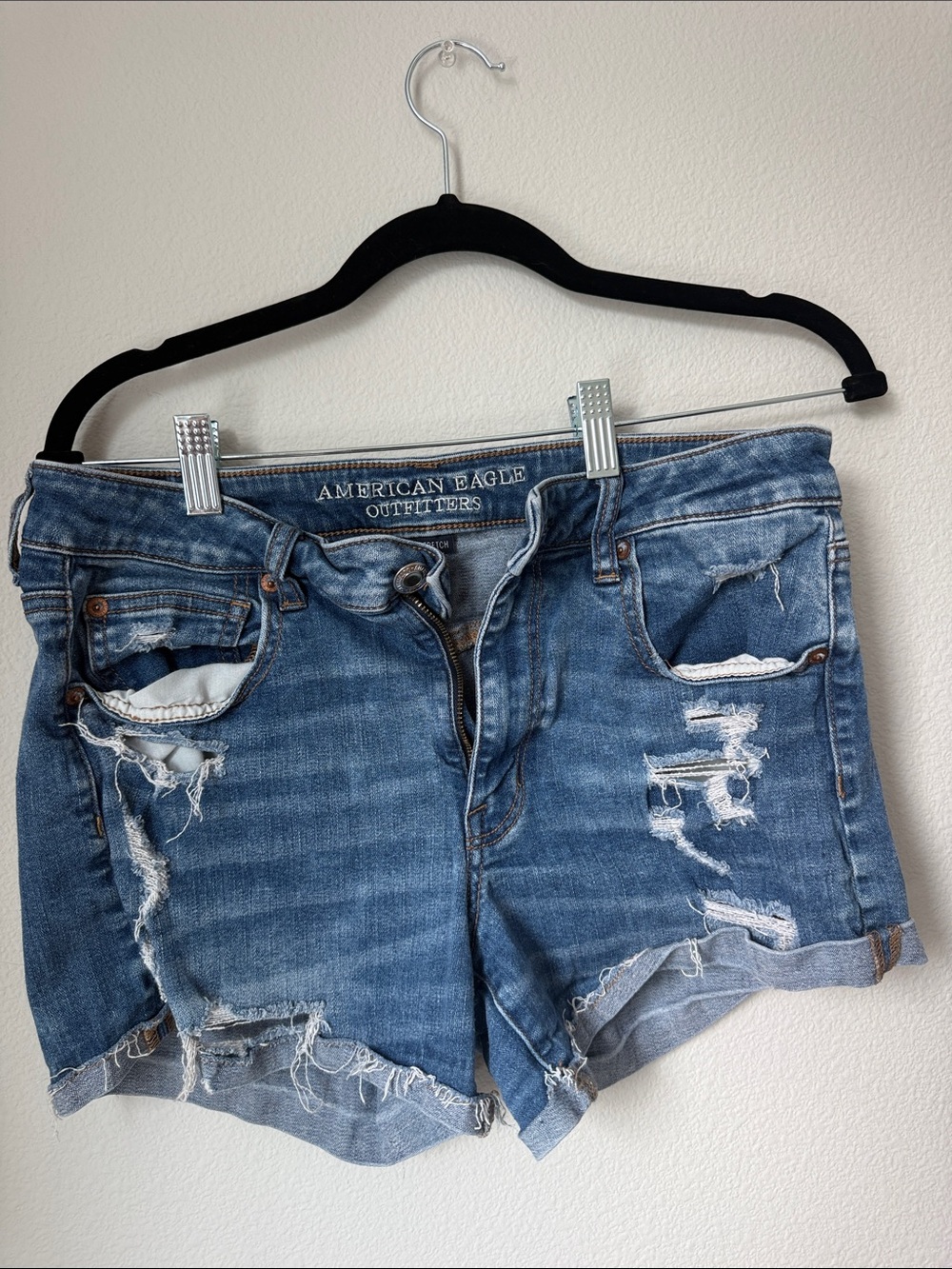 American Eagle Outfitters Distressed Medium Blue Denim Cutoff Shorts